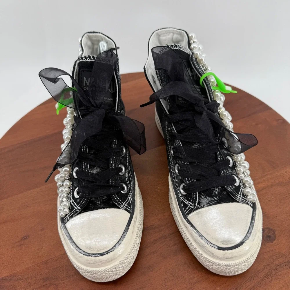 Nan-Ku Couture‎ Pearl Rhinestone Embellished High Top Sneakers Black Womens 39